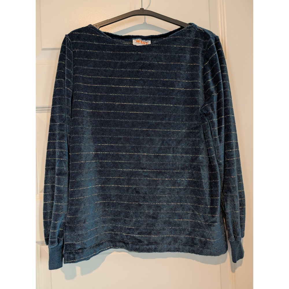 Center Stage Blue Velvet Sweater with Metallic Stripes